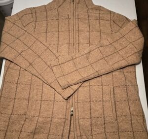 LAUREN RALPH LAUREN 100% Lambswool Cardigan Sweater Womens Full Zip Tan Plaid 2X